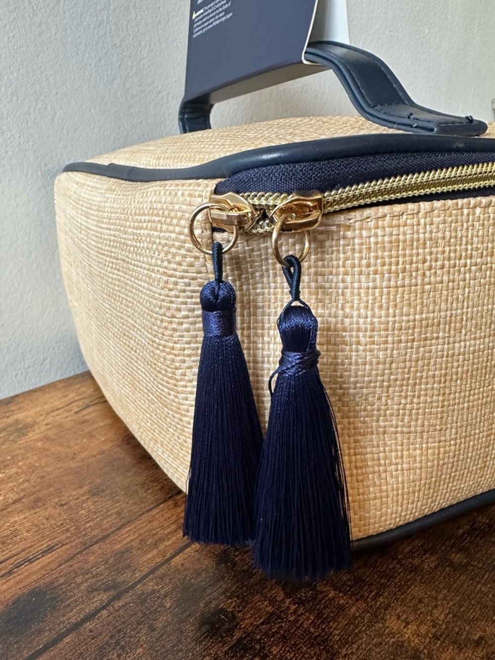 Trina Turk Navy Polka Dot Woven Travel Toiletry Case Faux Leather Corners NWT - Picture 3 of 5